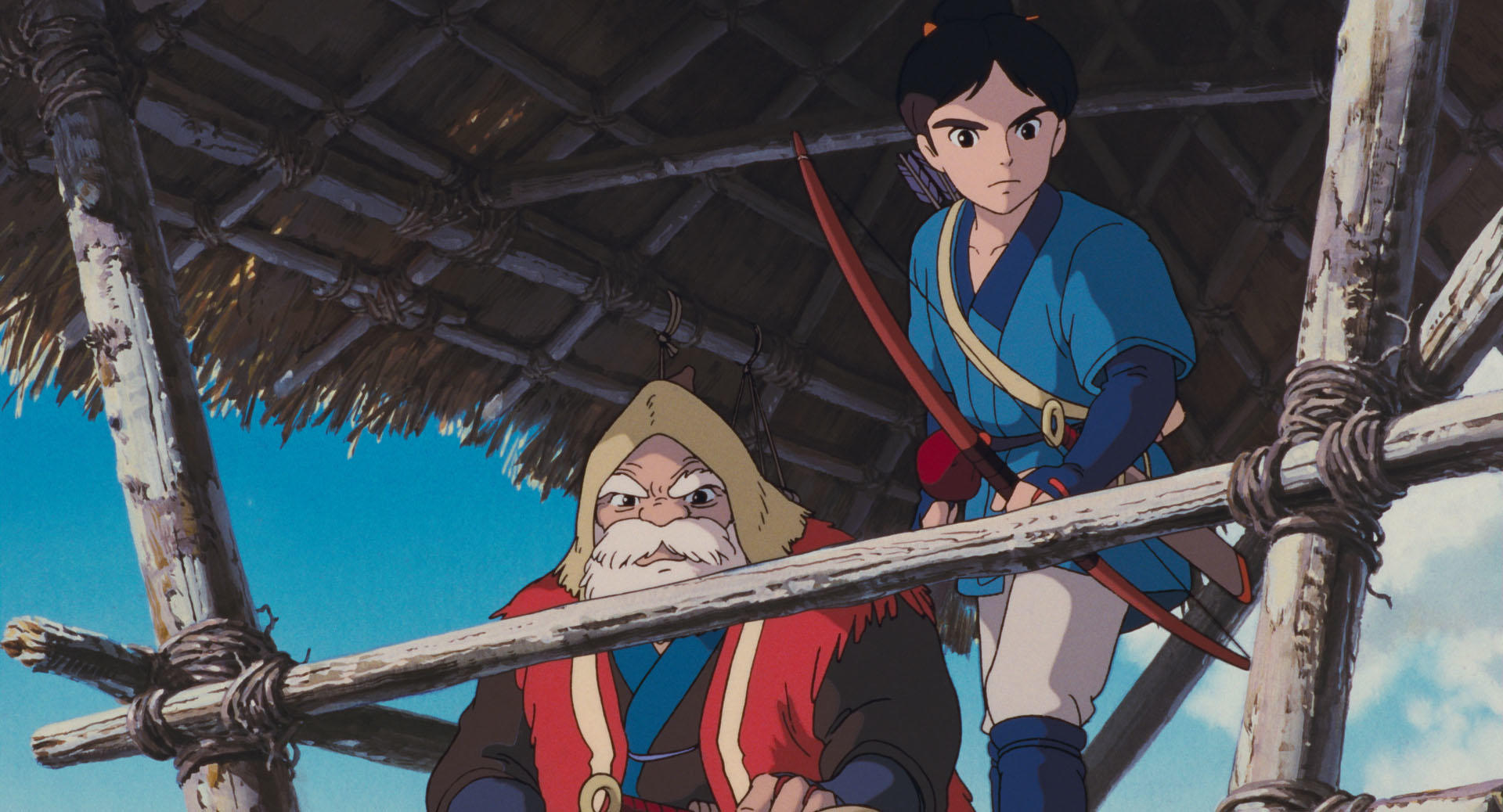 Ashitaka and San face one another in an official Princess Mononoke still