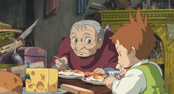 Official Howl’s Moving Castle still of Sophie and Howl in a quiet character moment