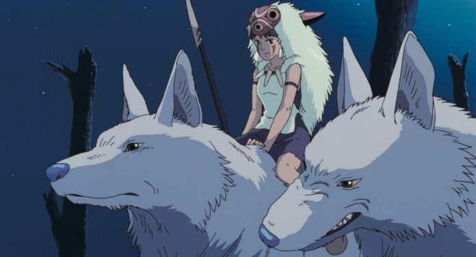 Official Princess Mononoke still for adult Ghibli guide Ashitaka and San from Princess Mononoke, official Studio Ghibli still for an adult viewing guide.