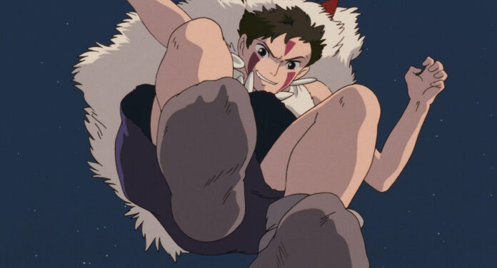 San and the forest conflict in Princess Mononoke, official Studio Ghibli still