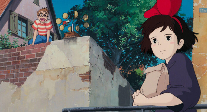 Osono and Kiki official Studio Ghibli still Kiki flying over town in an official Studio Ghibli still from Kiki’s Delivery Service