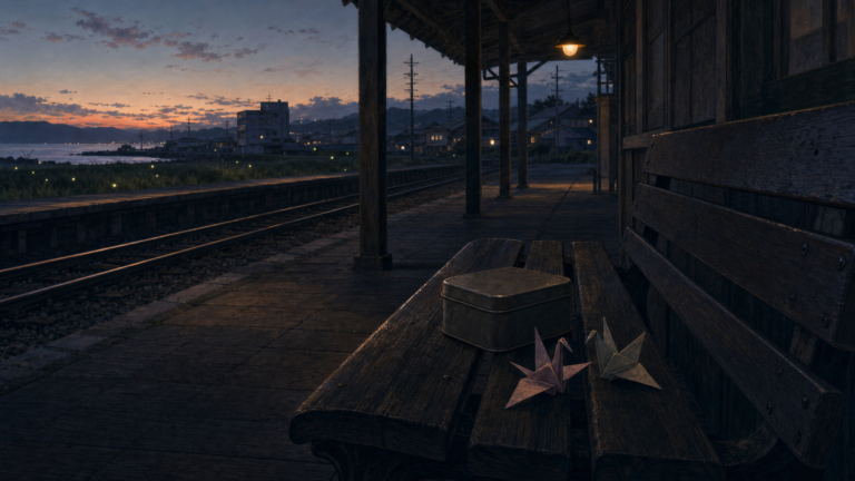 Empty railway bench at dusk with a fruit-drop tin, folded paper cranes and fireflies