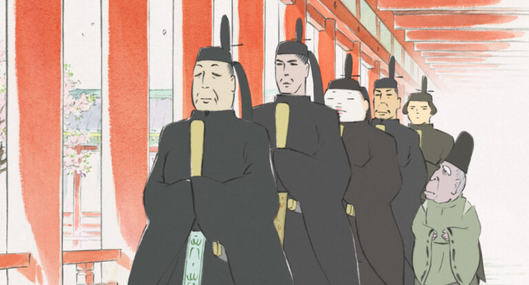 A group of people walking along a street in a painterly scene from The Tale of the Princess Kaguya