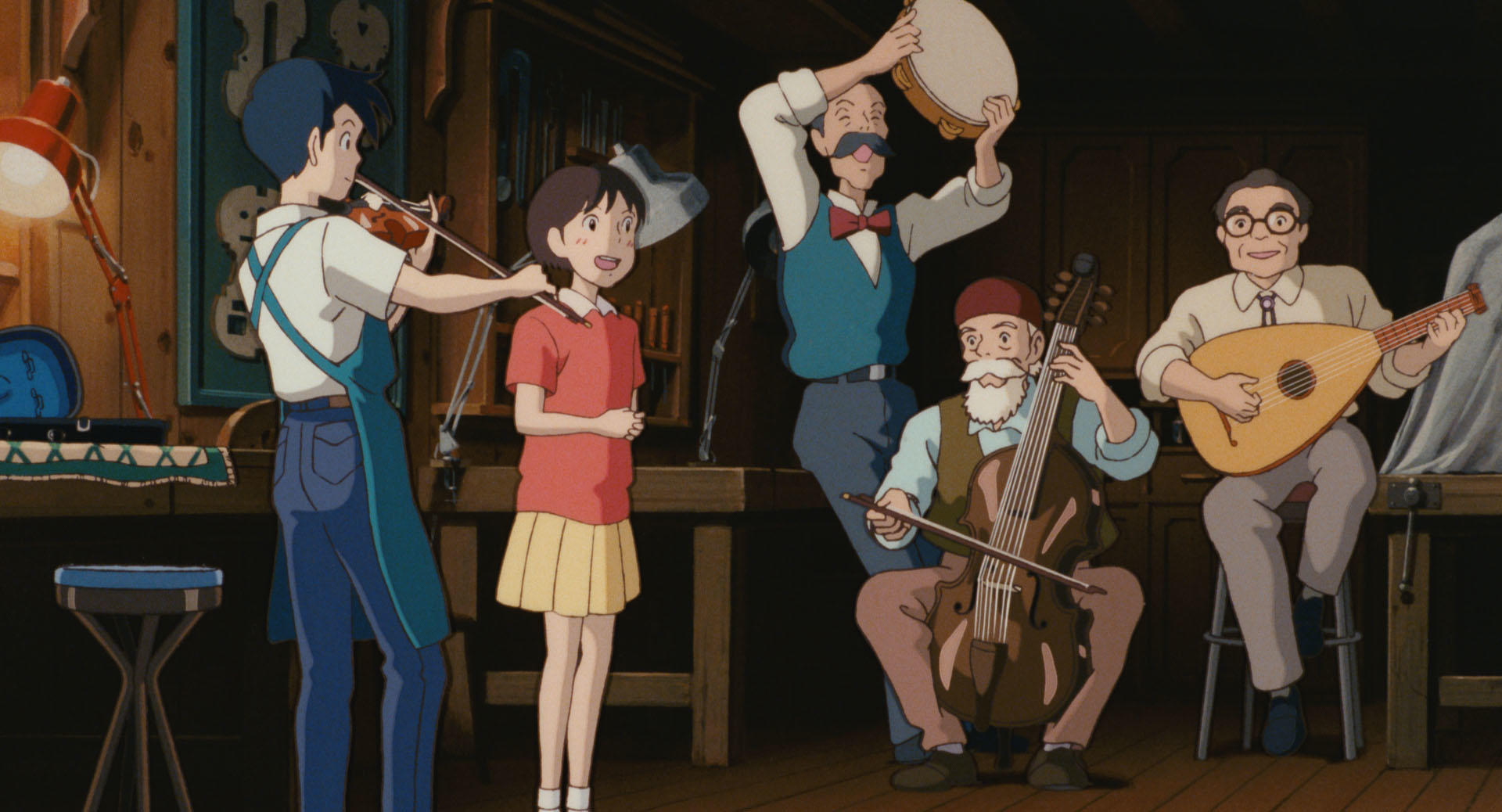Friends playing music together in the antique workshop in Whisper of the Heart