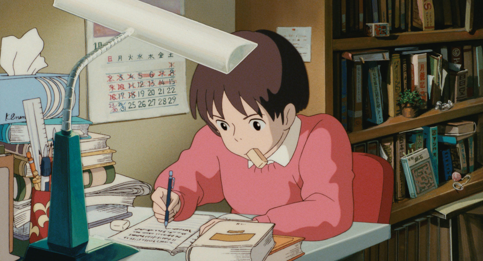Shizuku working at a desk on her first serious story in Whisper of the Heart