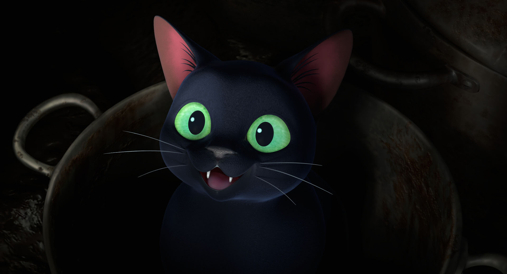 Thomas the black cat in a dark room in Earwig and the Witch