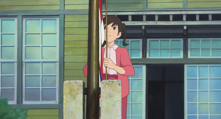 A schoolgirl raising signal flags above a harbour in an official From Up on Poppy Hill still