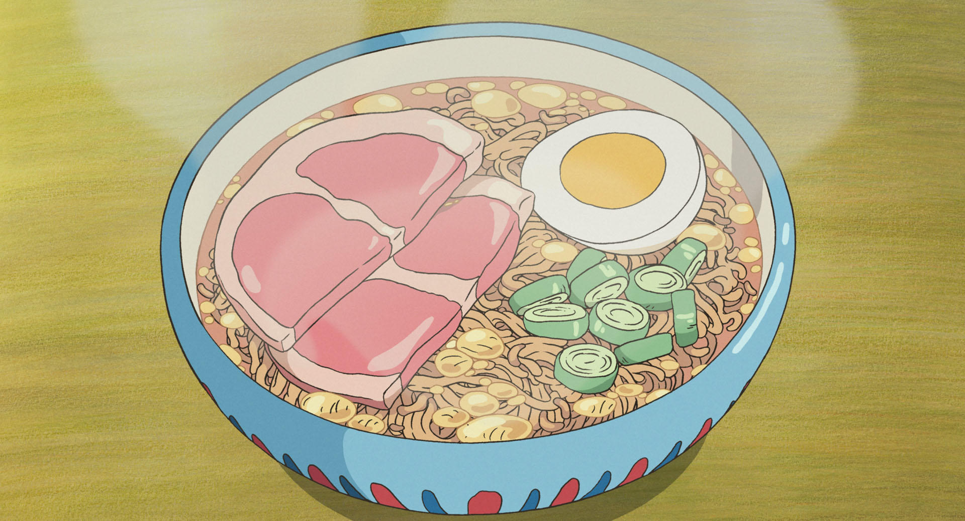 A bowl of ramen topped with ham, egg and spring onion in Ponyo