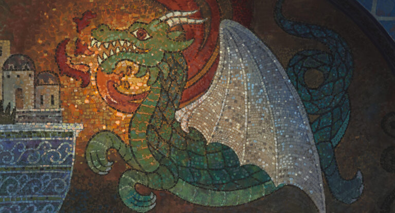 A dragon flying above a walled settlement in an official still from Tales from Earthsea