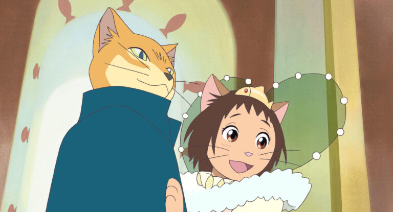 Haru and a cat companion standing together in an official still from The Cat Returns
