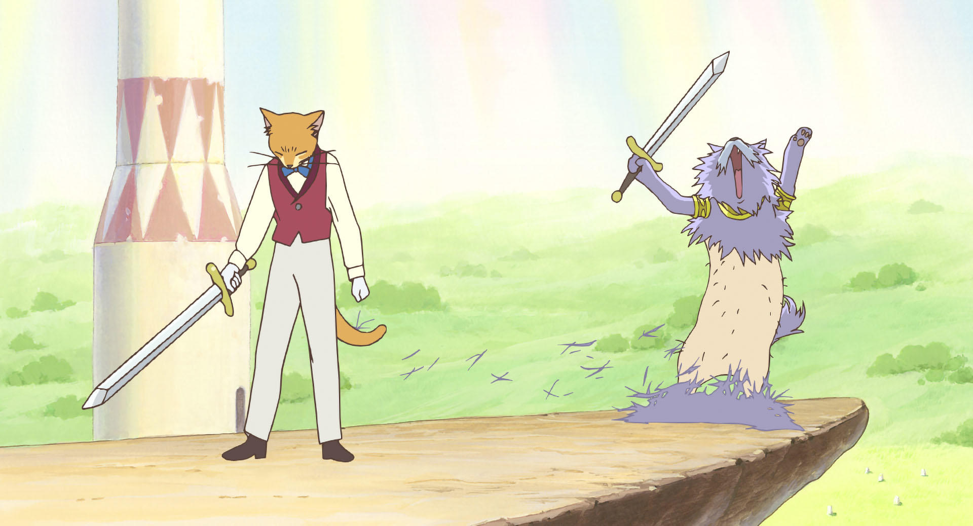 The rescue party standing high above the Cat Kingdom in an official film still