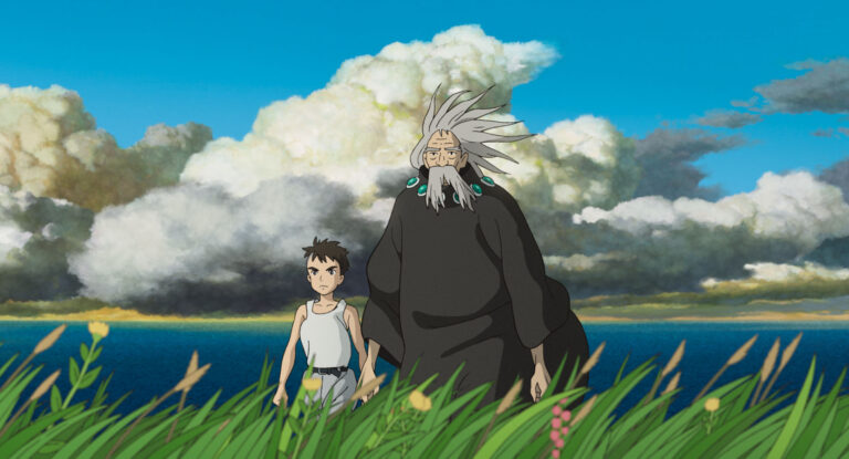 Mahito stands in tall grass beside the Grey Heron beneath a wide blue sky