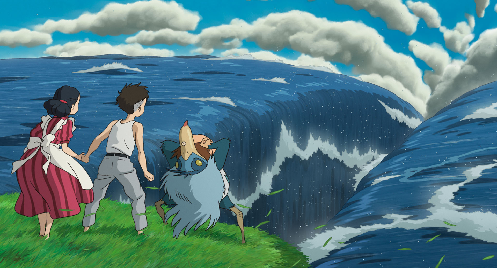 Mahito and his companions stand before a vast wall of water in the other world