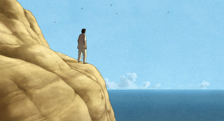 A castaway standing on a high island ridge above the sea in The Red Turtle
