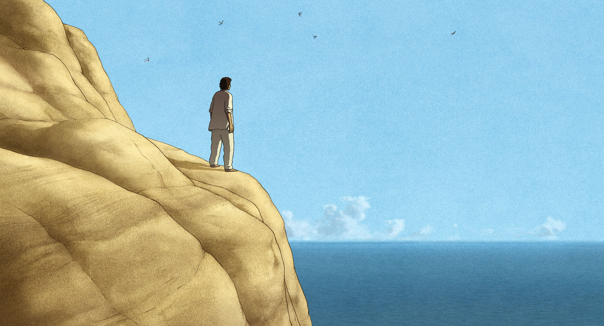 A castaway standing on a high island ridge above the sea in The Red Turtle