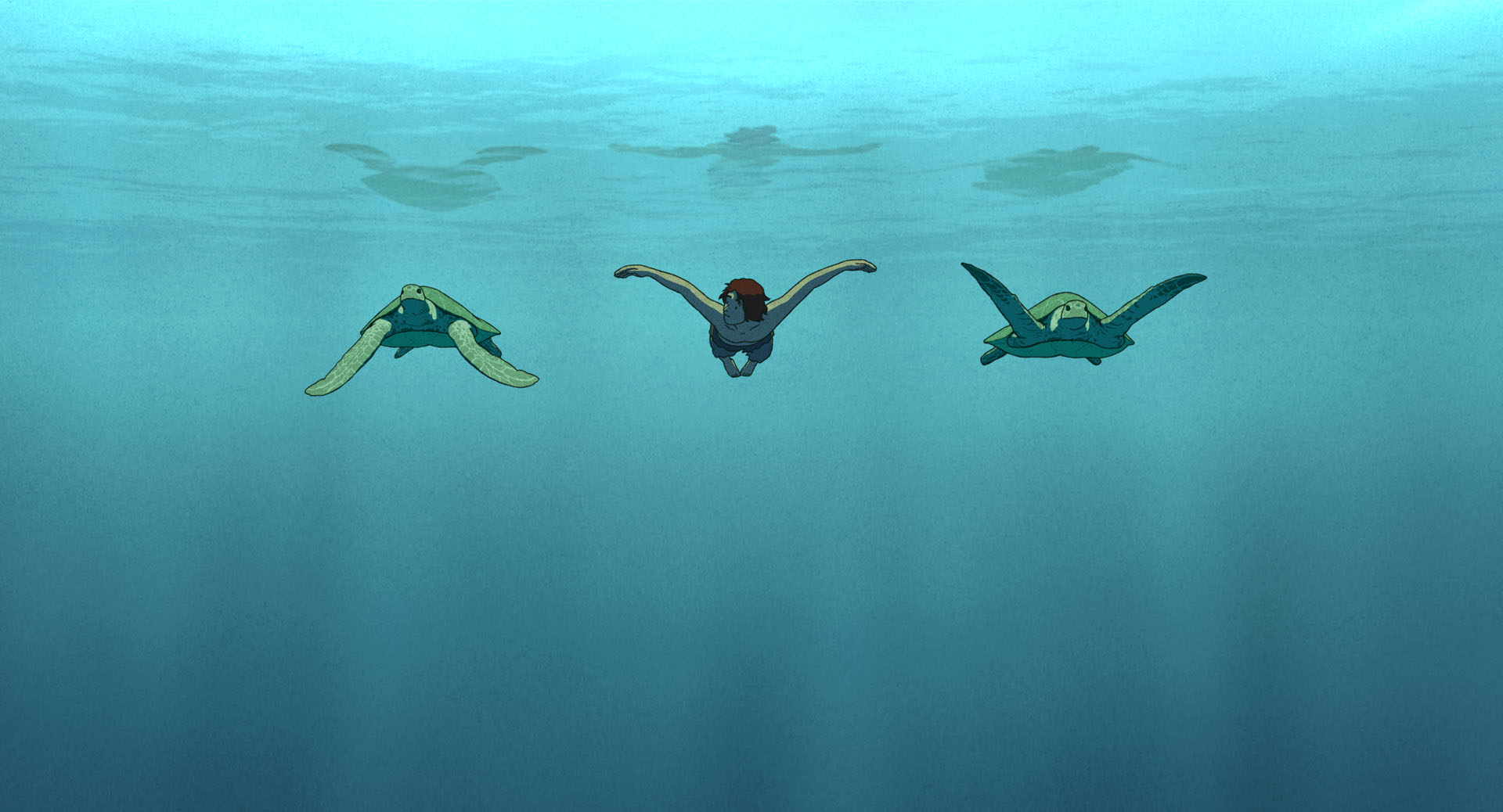 Sea turtles swimming through blue water in an official still from The Red Turtle
