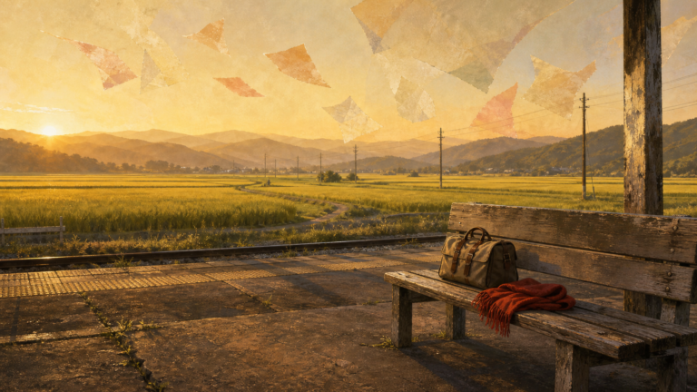 Empty rural Japanese train platform at golden hour with a travel bag, red scarf, rice fields and distant hills