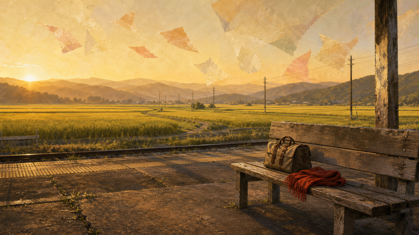 Empty rural Japanese train platform at golden hour with a travel bag, red scarf, rice fields and distant hills