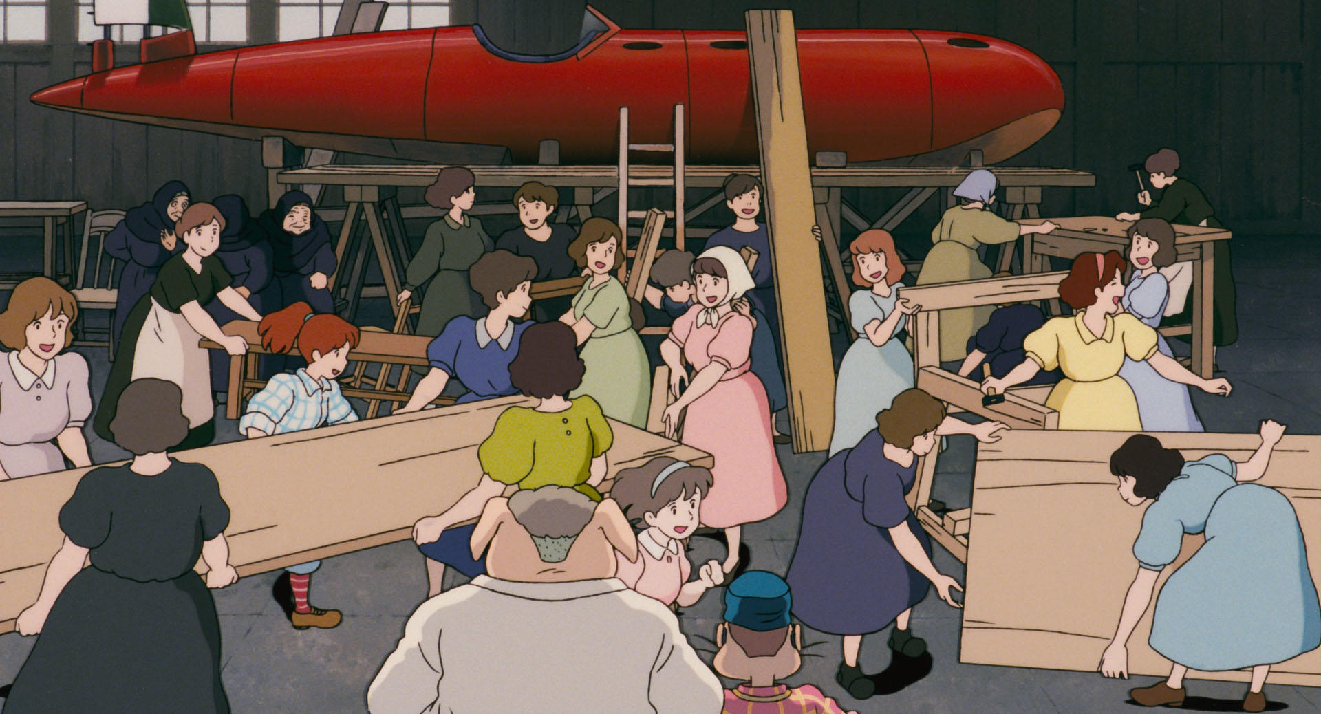 Fio and the Piccolo workshop mechanics gathered beneath Porco Rosso’s seaplane