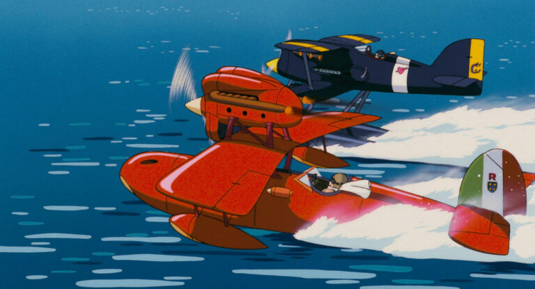 Porco Rosso’s red seaplane racing above the blue Adriatic Sea