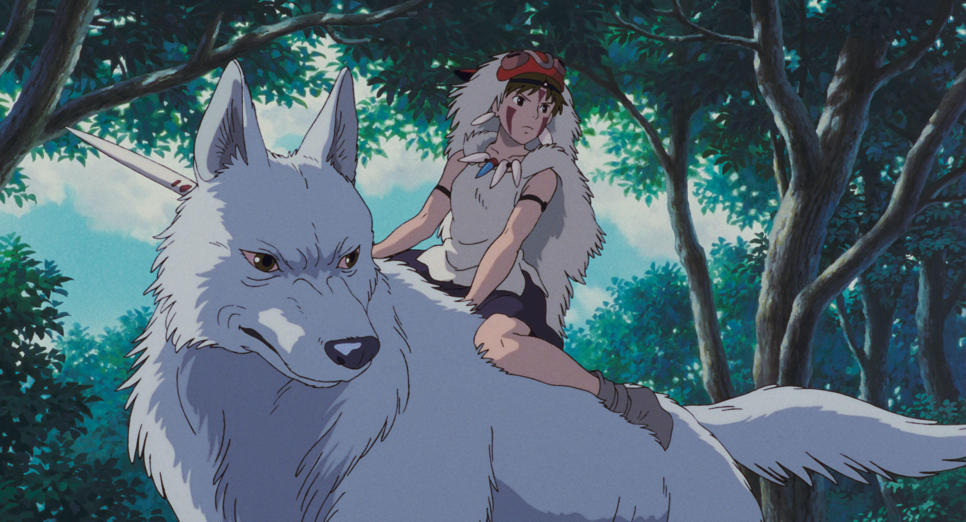Official Princess Mononoke still with forest spirit imagery from Studio Ghibli