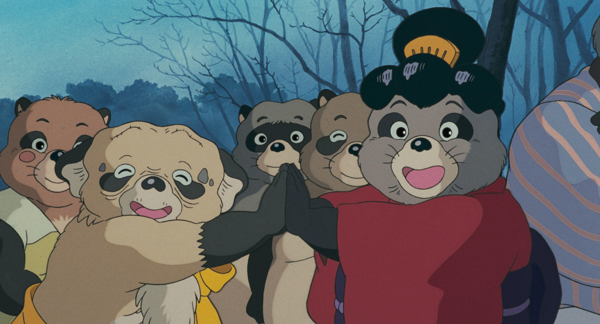 A group of tanuki gathered in a green forest in Pom Poko